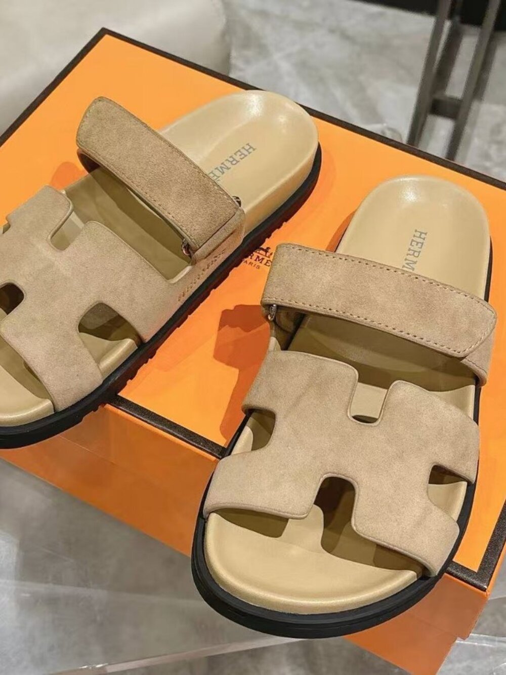 Womens Hermès Suede H Buckle Platform Slide Sandals - Picture 4 of 6